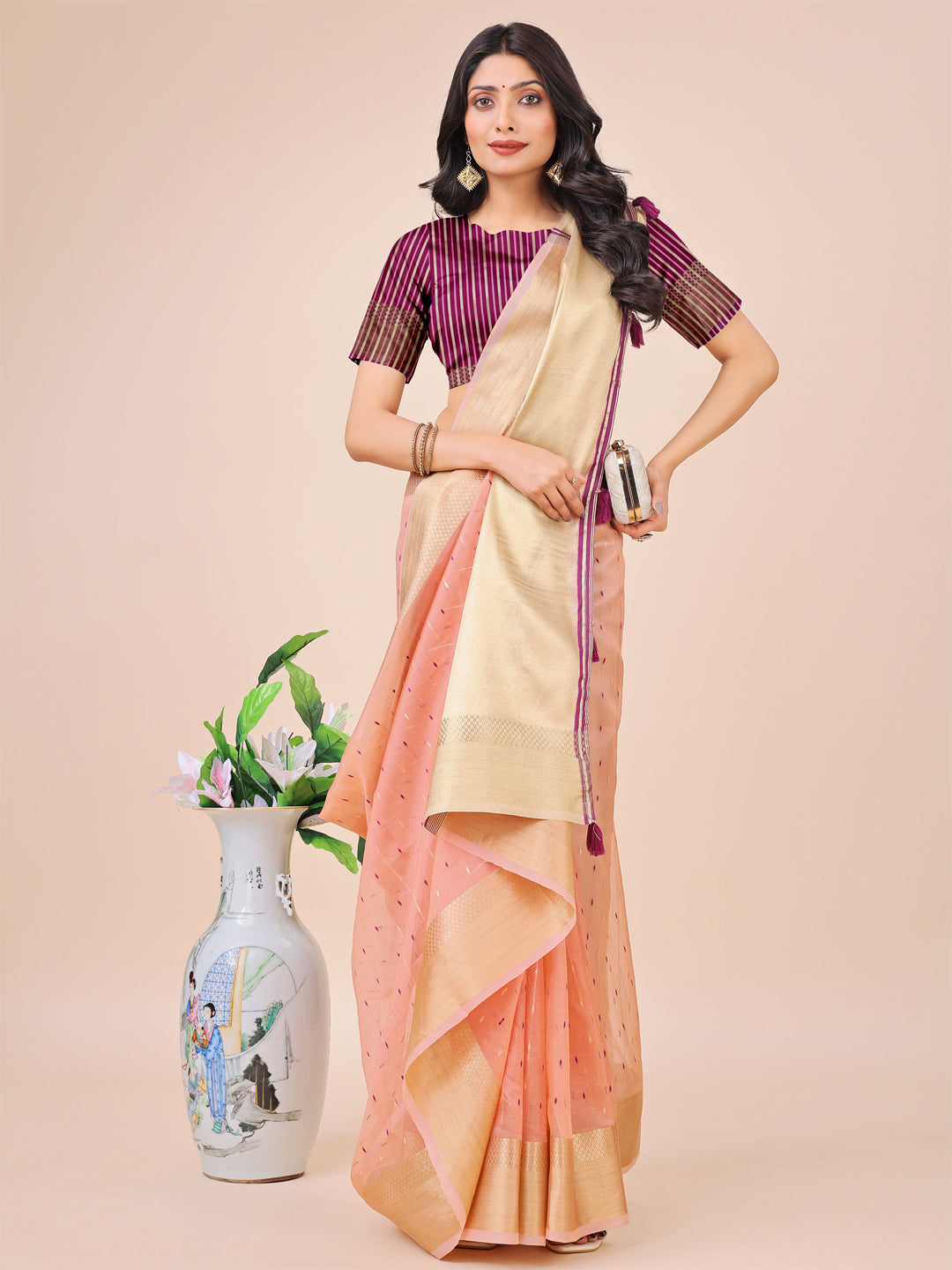 Astita Light Pink Gold Organza Silk Saree - Lightweight Luxury for Your Ethnic Moments - Distacart