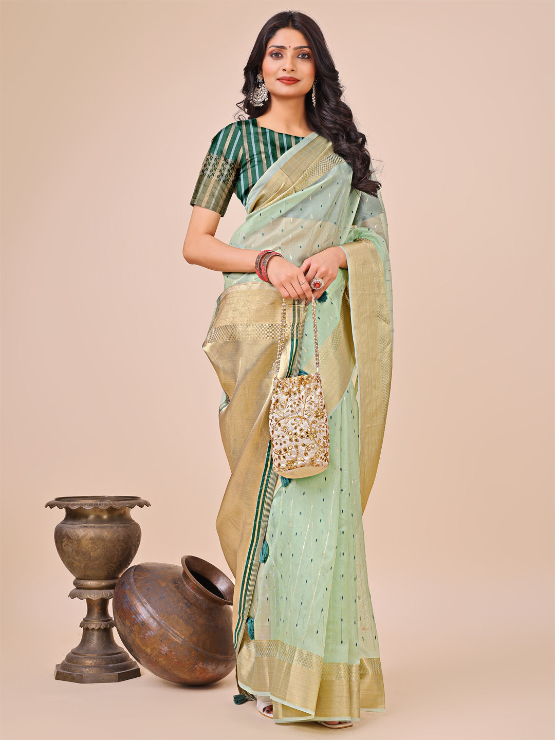 Astita Olive Green Gold Organza Silk Saree - Lightweight Luxury for Your Ethnic Moments - Distacart