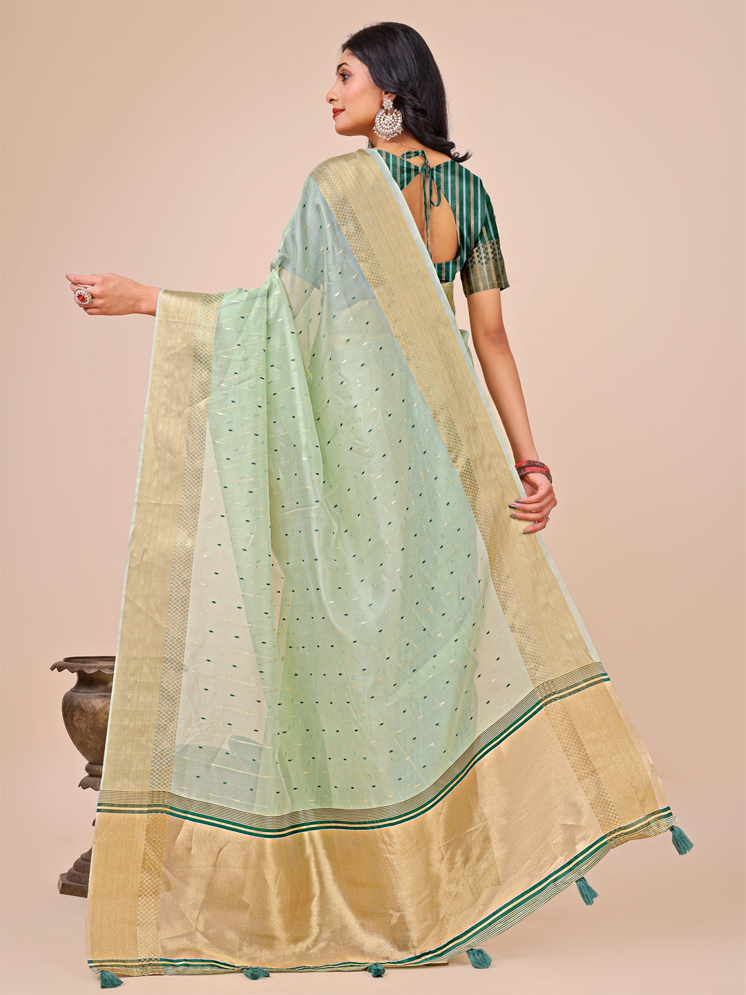 Astita Olive Green Gold Organza Silk Saree - Lightweight Luxury for Your Ethnic Moments - Distacart
