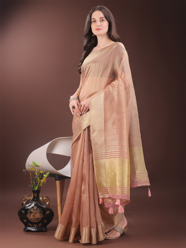 Astita Elegant Gold Peach Organza Saree with Zari Border | Party Wear Lightweight Saree with Blouse for Women - Distacart