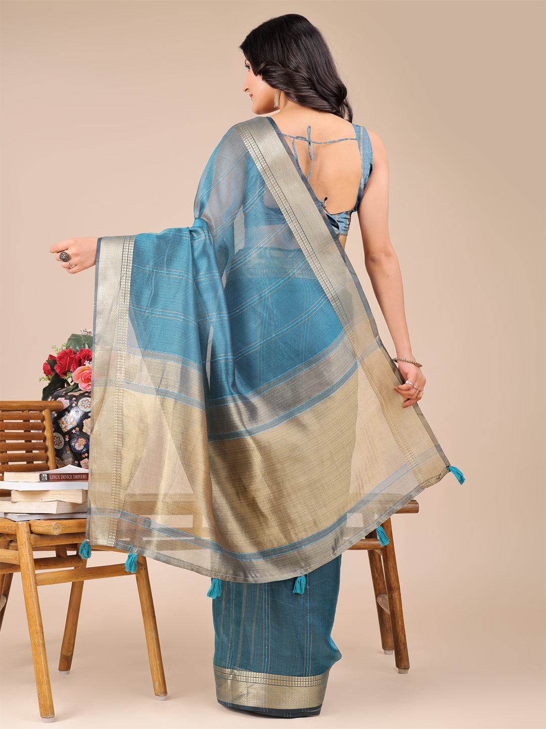 Astita Sea Green Organza Woven Zari Work Traditional Tassel Saree - Distacart