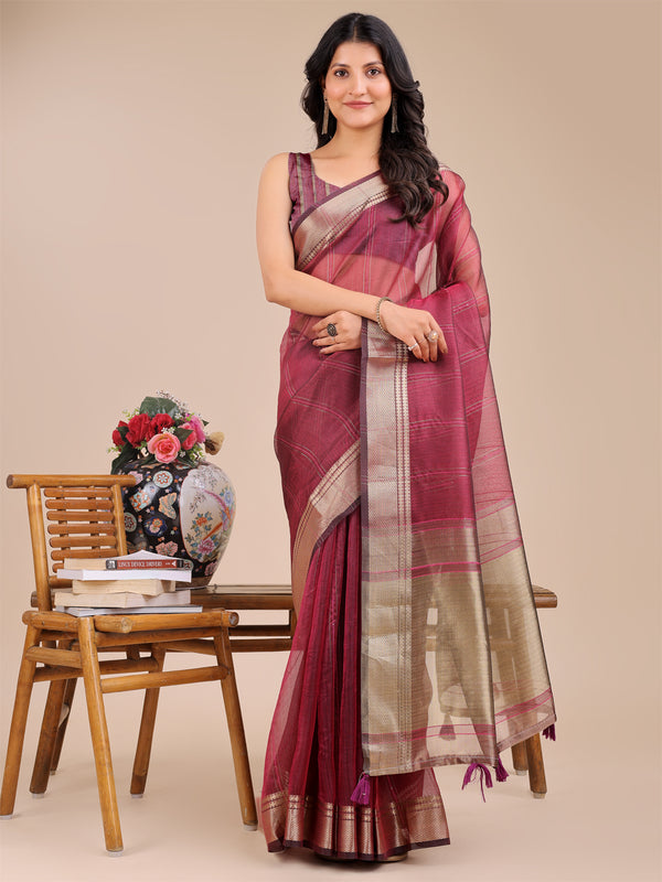 Astita Magenta Organza Woven Zari Work Traditional Tassel Saree - Distacart