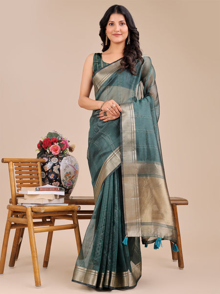 Astita Dark Green Organza Woven Zari Work Traditional Tassel Saree - Distacart