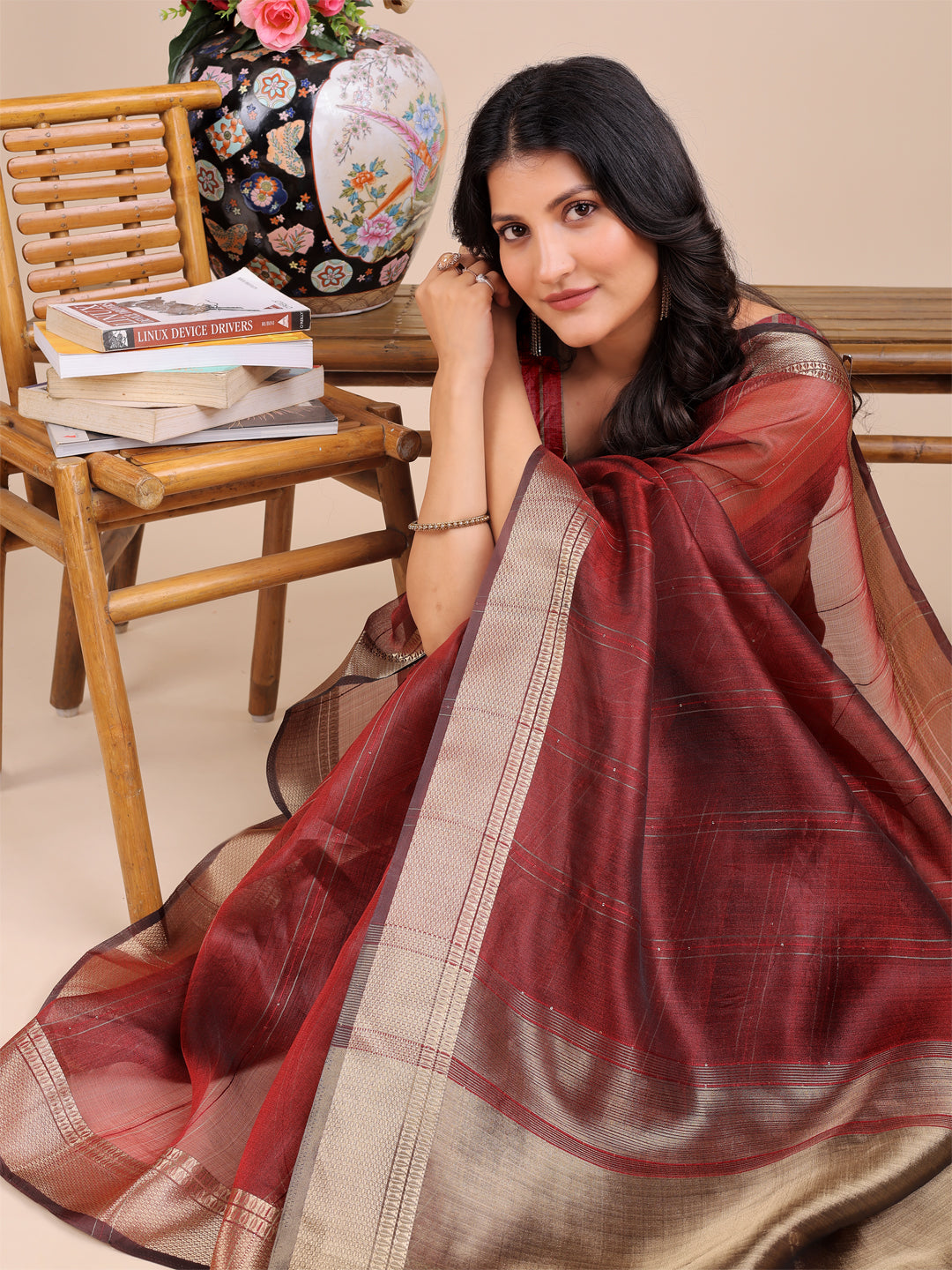 Astita Maroon Organza Woven Zari Work Traditional Tassel Saree - Distacart