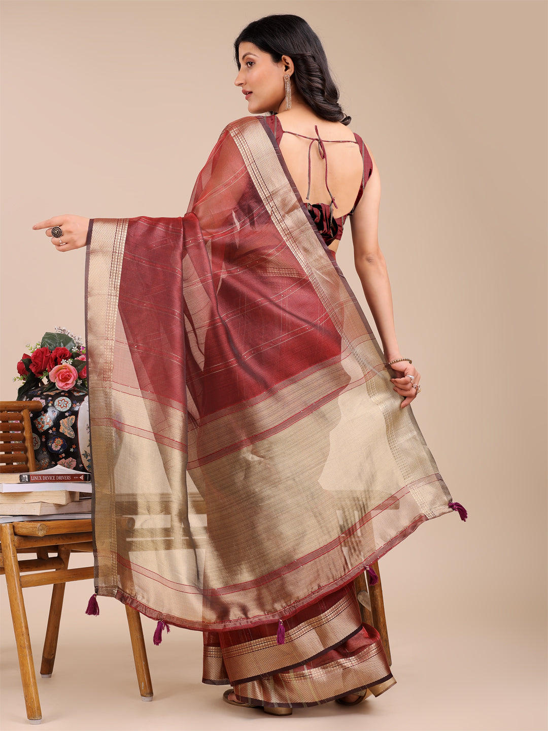 Astita Maroon Organza Woven Zari Work Traditional Tassel Saree - Distacart