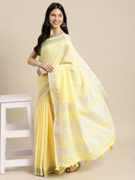 Thumbnail for Astita Elegant Yellow Woven Linen Saree with Contrast Zari Border & Tassels - Soft & Breathable Party Wear - Distacart