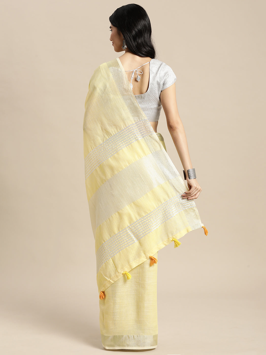 Astita Elegant Yellow Woven Linen Saree with Contrast Zari Border & Tassels - Soft & Breathable Party Wear - Distacart
