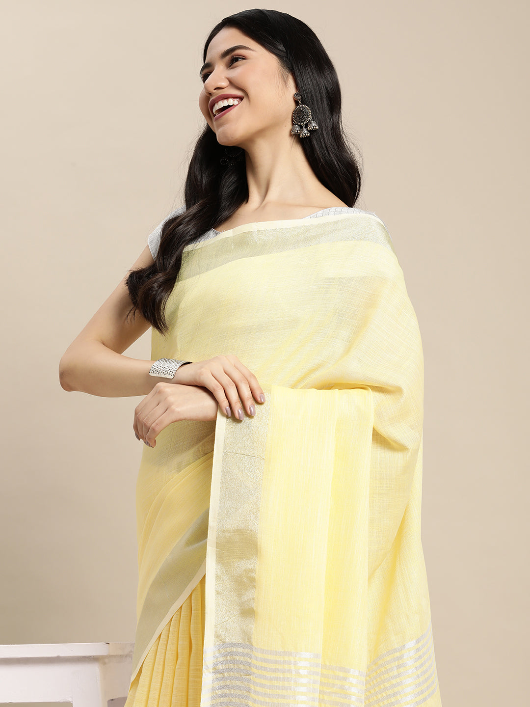Astita Elegant Yellow Woven Linen Saree with Contrast Zari Border & Tassels - Soft & Breathable Party Wear - Distacart