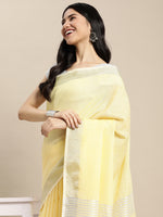 Thumbnail for Astita Elegant Yellow Woven Linen Saree with Contrast Zari Border & Tassels - Soft & Breathable Party Wear - Distacart