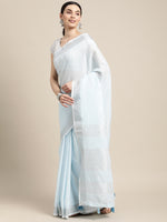 Thumbnail for Astita Elegant Sky Blue Woven Linen Saree with Contrast Zari Border & Tassels - Soft & Breathable Party Wear - Distacart