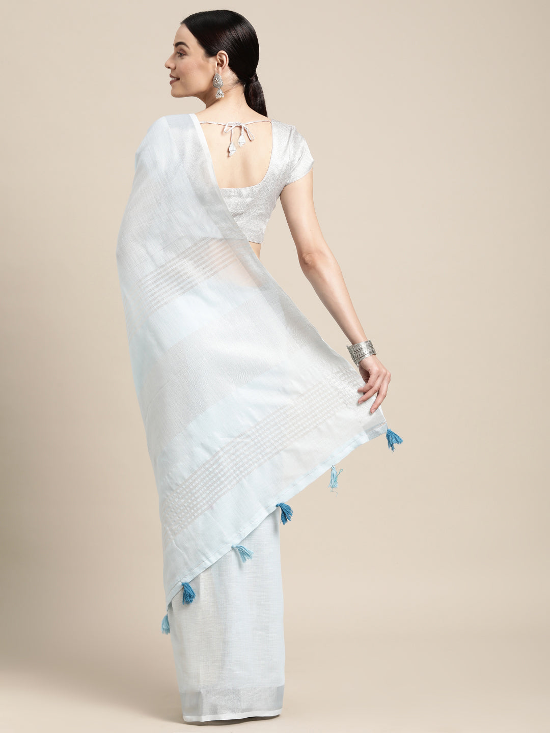 Astita Elegant Sky Blue Woven Linen Saree with Contrast Zari Border & Tassels - Soft & Breathable Party Wear - Distacart
