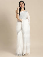 Thumbnail for Astita Elegant White Woven Linen Saree with Contrast Zari Border & Tassels - Soft & Breathable Party Wear - Distacart