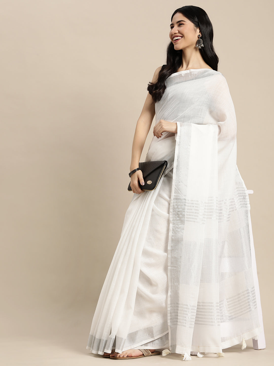 Astita Elegant White Woven Linen Saree with Contrast Zari Border & Tassels - Soft & Breathable Party Wear - Distacart
