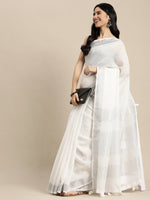 Thumbnail for Astita Elegant White Woven Linen Saree with Contrast Zari Border & Tassels - Soft & Breathable Party Wear - Distacart