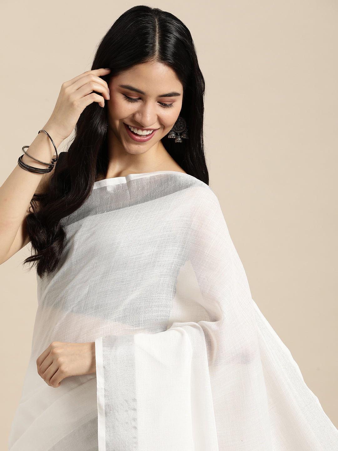 Astita Elegant White Woven Linen Saree with Contrast Zari Border & Tassels - Soft & Breathable Party Wear - Distacart