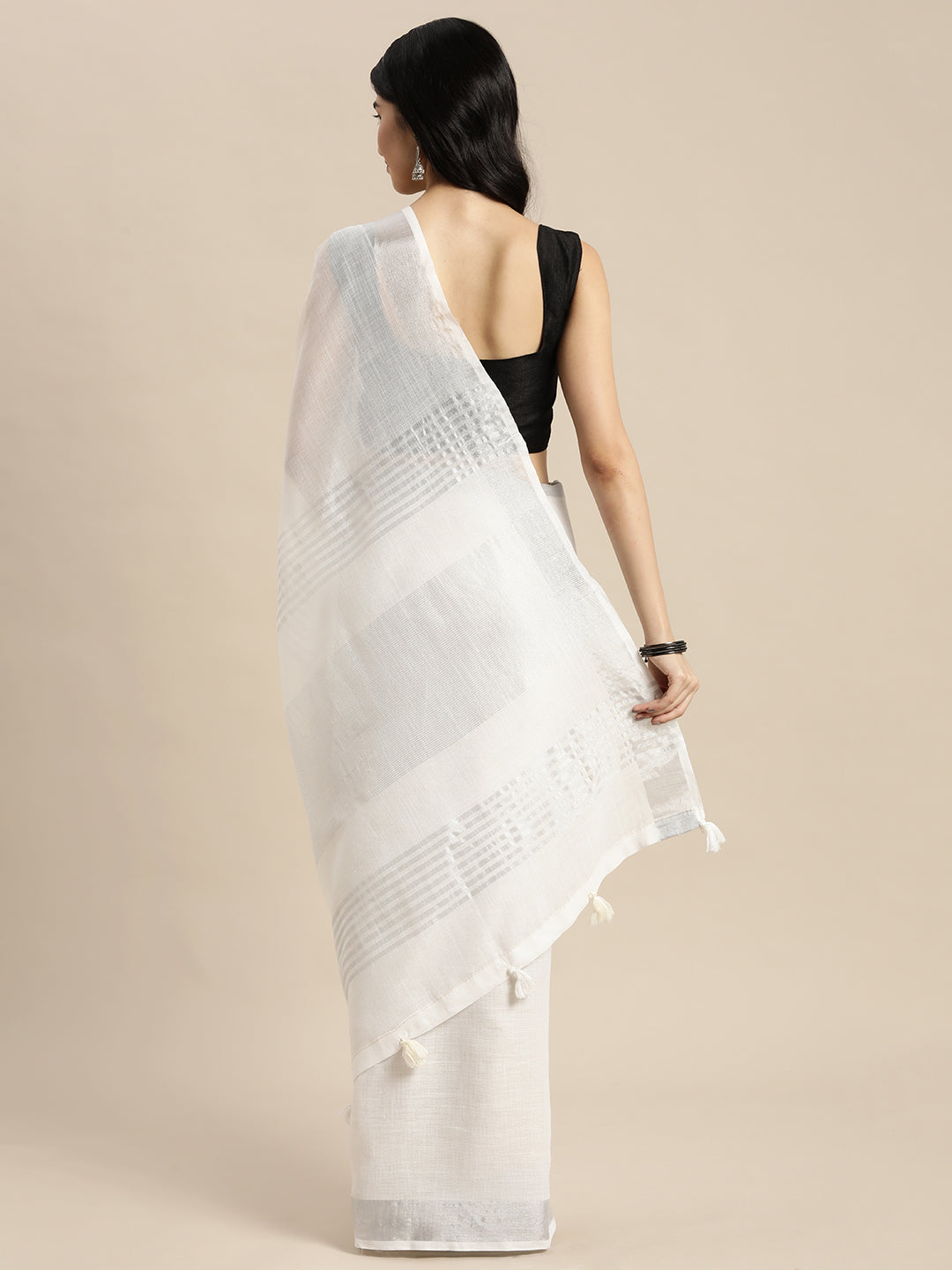 Astita Elegant White Woven Linen Saree with Contrast Zari Border & Tassels - Soft & Breathable Party Wear - Distacart