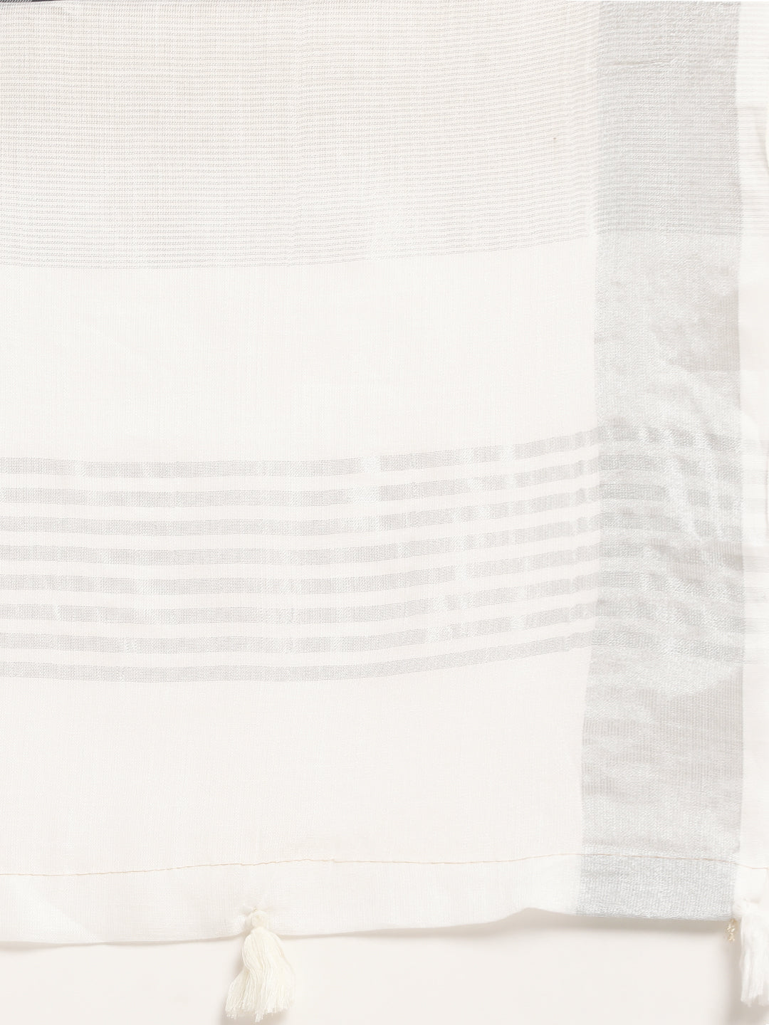 Astita Elegant White Woven Linen Saree with Contrast Zari Border & Tassels - Soft & Breathable Party Wear - Distacart