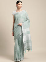 Thumbnail for Astita Elegant Sea Green Woven Linen Saree with Contrast Zari Border & Tassels - Soft & Breathable Party Wear - Distacart