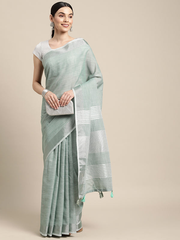 Astita Elegant Sea Green Woven Linen Saree with Contrast Zari Border & Tassels - Soft & Breathable Party Wear - Distacart
