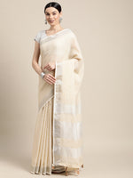Thumbnail for Astita Elegant Beige Woven Linen Saree with Contrast Zari Border & Tassels - Soft & Breathable Party Wear - Distacart