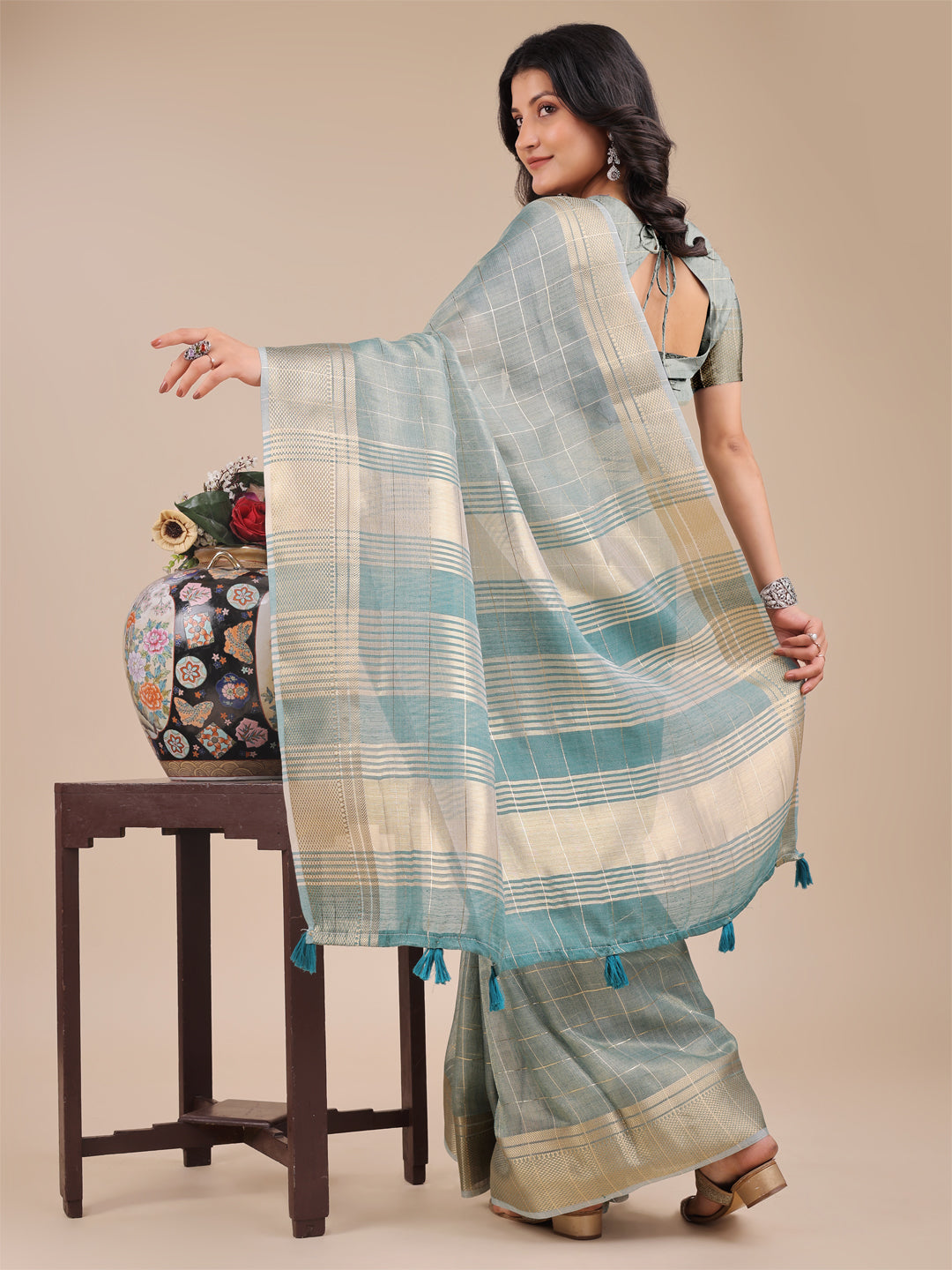 Astita Sea Green Organza Woven Zari Work Traditional Tassel Saree - Distacart