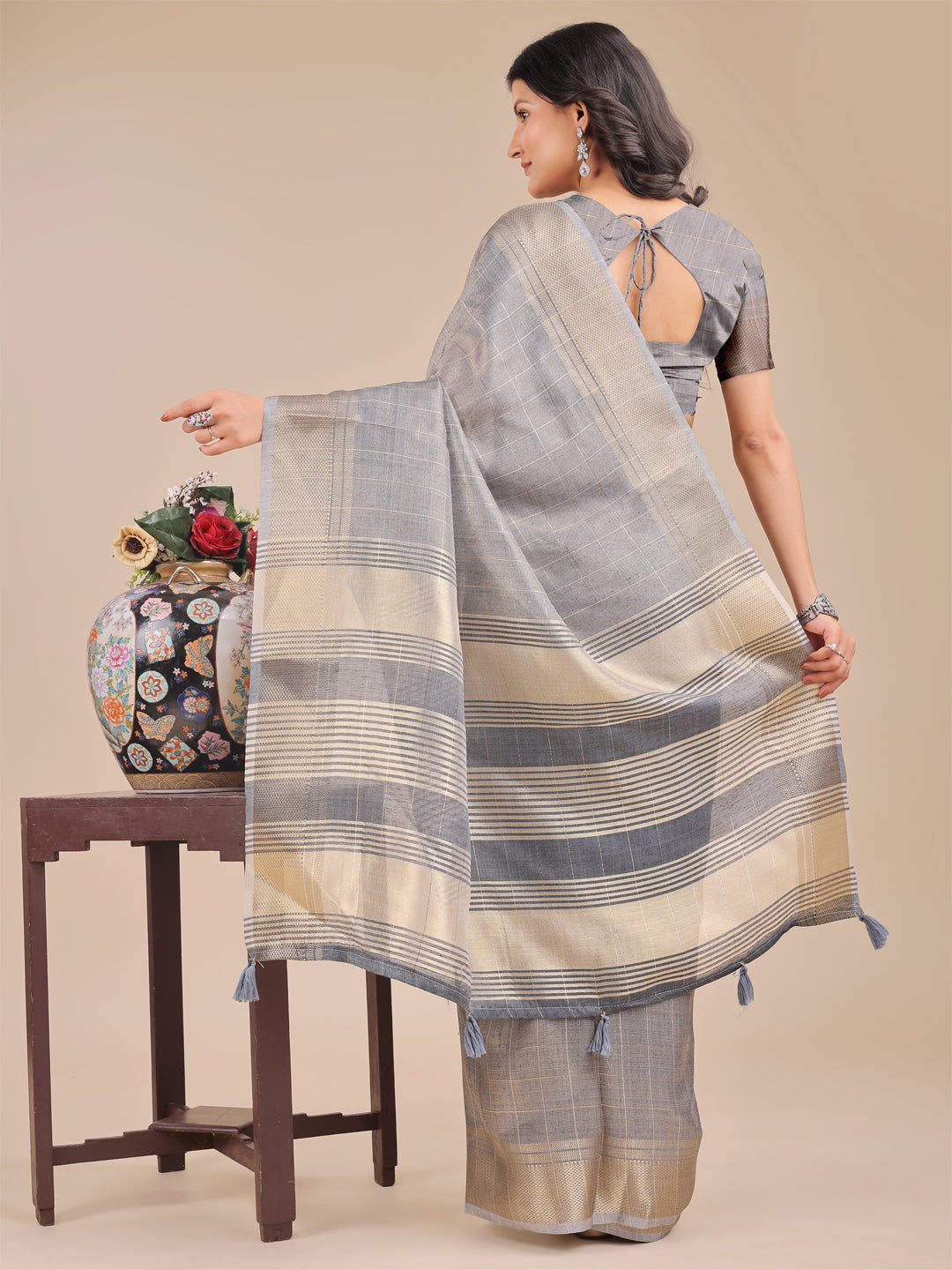 Astita Grey Organza Woven Zari Work Traditional Tassel Saree - Distacart