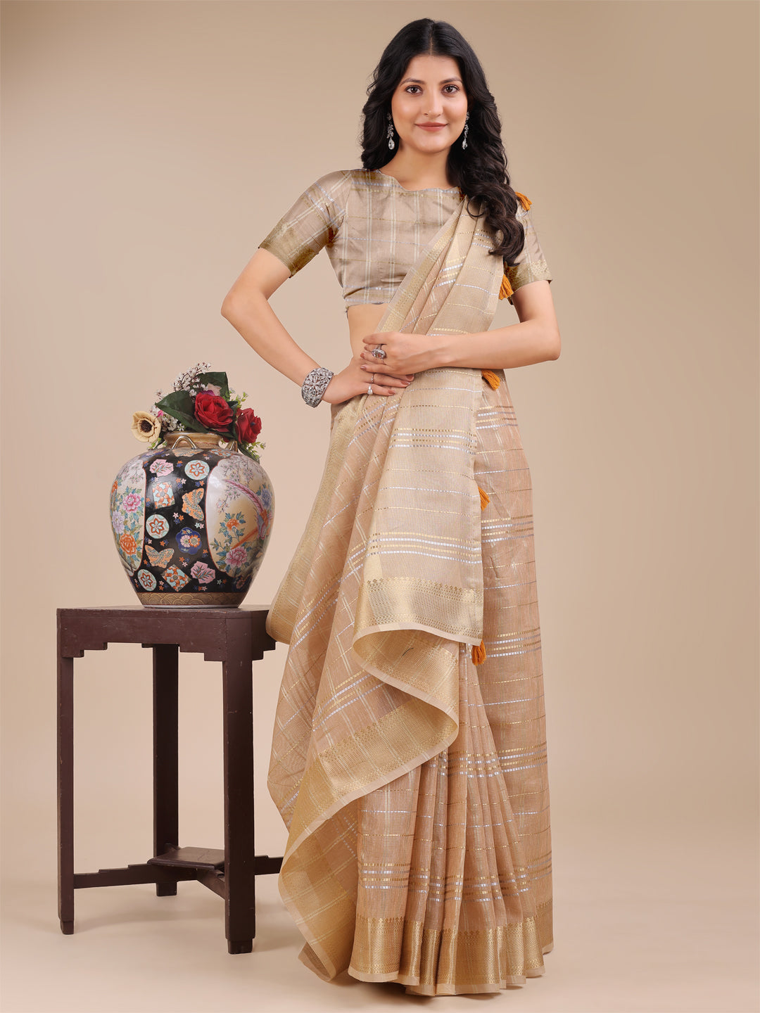 Astita Cream Organza Woven Zari Work Traditional Tassel Saree - Distacart