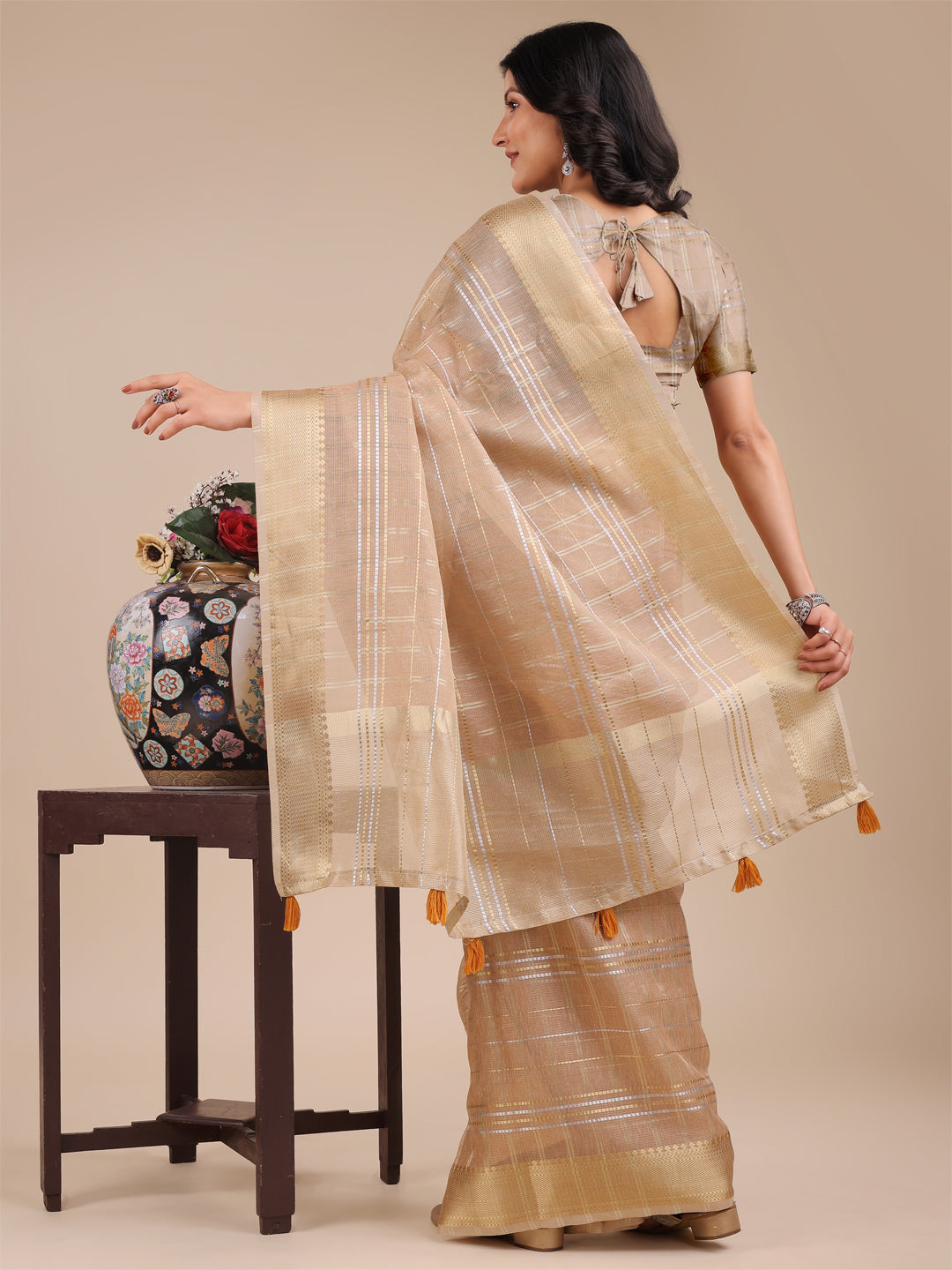 Astita Cream Organza Woven Zari Work Traditional Tassel Saree - Distacart