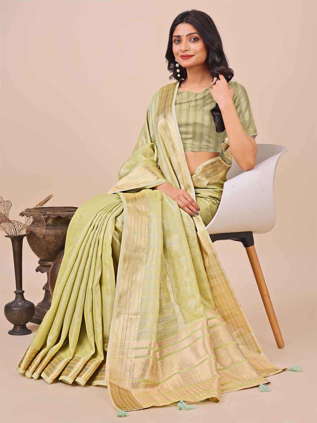 Astita Light Green Organza Woven Zari Work Traditional Tassel Saree - Distacart