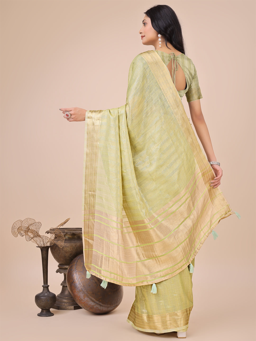 Astita Light Green Organza Woven Zari Work Traditional Tassel Saree - Distacart