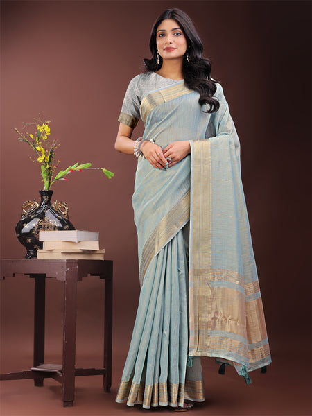 Astita Elegant Sky Blue Organza Saree with Golden Zari Border - Festive & Office Wear Saree with Blouse Piece - Distacart