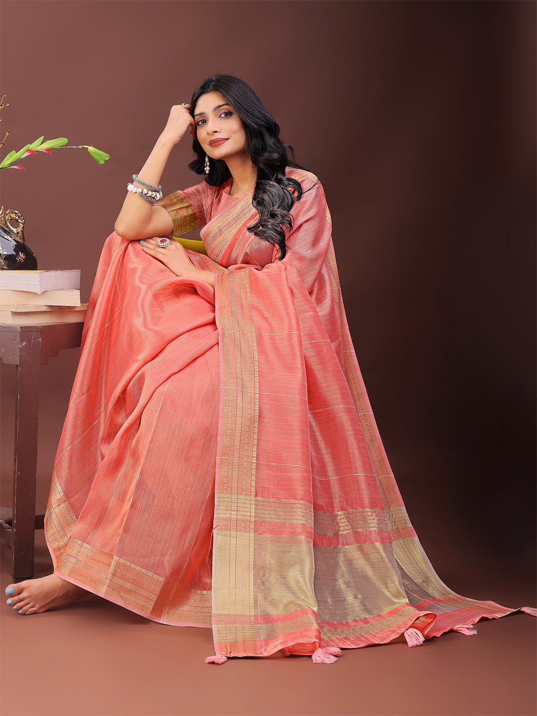 Astita Elegant Peach Organza Saree with Golden Zari Border - Festive & Office Wear Saree with Blouse Piece - Distacart