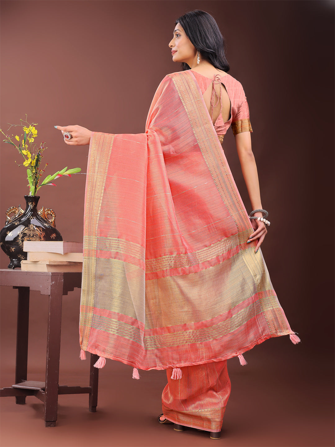 Astita Elegant Peach Organza Saree with Golden Zari Border - Festive & Office Wear Saree with Blouse Piece - Distacart