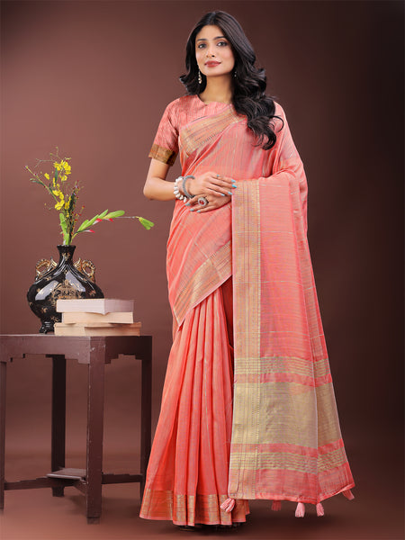 Astita Elegant Peach Organza Saree with Golden Zari Border - Festive & Office Wear Saree with Blouse Piece - Distacart