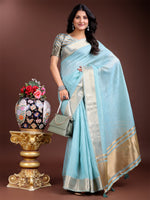 Thumbnail for Astita Sky Blue Gold Cotton Ready-to-Wear Saree - Simplicity Meets Effortless Grace - Distacart