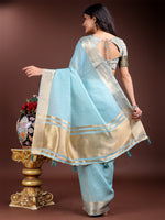 Thumbnail for Astita Sky Blue Gold Cotton Ready-to-Wear Saree - Simplicity Meets Effortless Grace - Distacart