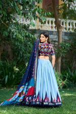 Thumbnail for Vastranavya Luxurious Tussar Silk Print With Foil Work Lehenga Choli - Sky Blue - Distacart