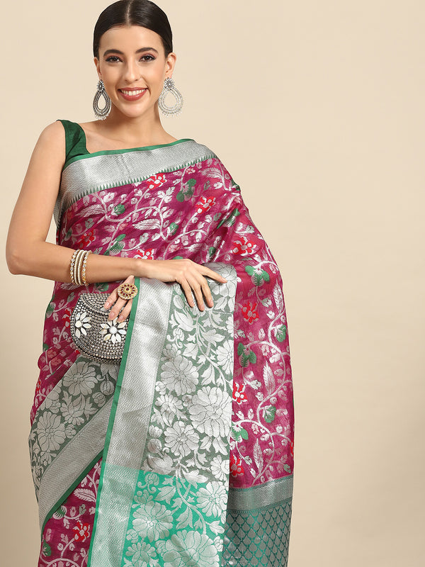 Magenta Brocade Woven Zari Design Floral Saree with Unstitched Blouse - Hiral Fashion - Distacart