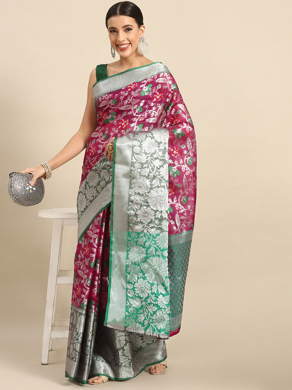 Magenta Brocade Woven Zari Design Floral Saree with Unstitched Blouse - Hiral Fashion - Distacart