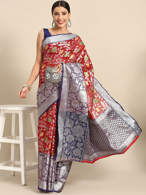 Red Brocade Woven Zari Design Floral Saree with Unstitched Blouse - Hiral Fashion - Distacart