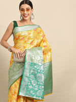 Thumbnail for Yellow Brocade Woven Zari Design Floral Saree with Unstitched Blouse - Hiral Fashion - Distacart