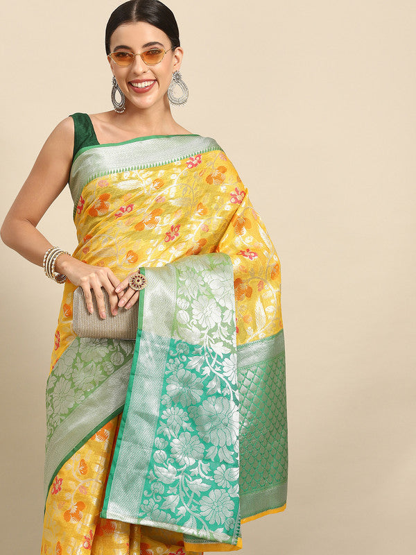 Yellow Brocade Woven Zari Design Floral Saree with Unstitched Blouse - Hiral Fashion - Distacart