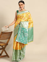 Thumbnail for Yellow Brocade Woven Zari Design Floral Saree with Unstitched Blouse - Hiral Fashion - Distacart