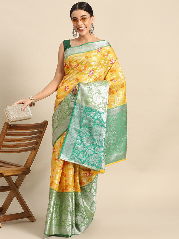 Yellow Brocade Woven Zari Design Floral Saree with Unstitched Blouse - Hiral Fashion - Distacart