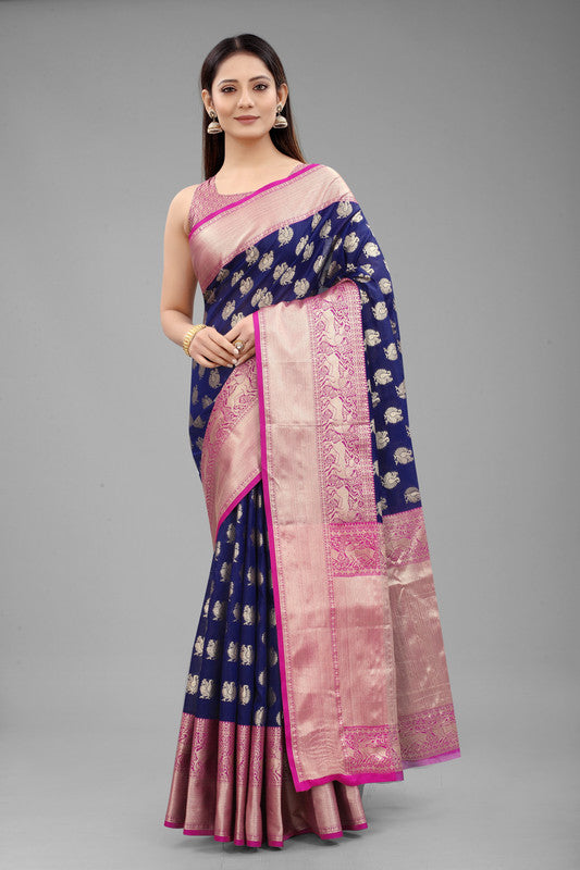 Blue Pure Silk Woven Zari Design Animal Saree with Unstitched Blouse - Hiral Fashion - Distacart