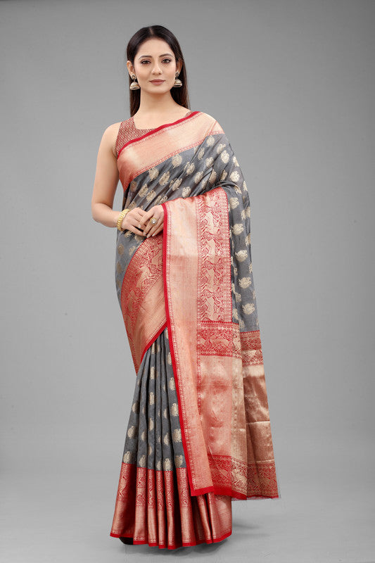 Gray Pure Silk Woven Zari Design Animal Saree with Unstitched Blouse - Hiral Fashion - Distacart