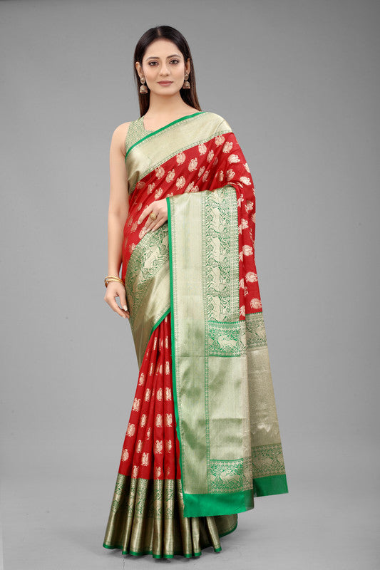 Red Pure Silk Woven Zari Design Animal Saree with Unstitched Blouse - Hiral Fashion - Distacart