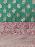 Thumbnail for Turquoise Pure Silk Woven Zari Design Animal Saree with Unstitched Blouse - Hiral Fashion - Distacart