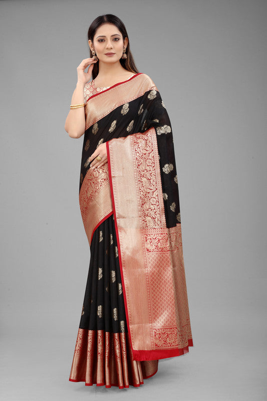 Black Pure Silk Woven Zari Design Floral Saree with Unstitched Blouse - Hiral Fashion - Distacart