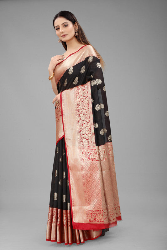 Black Pure Silk Woven Zari Design Floral Saree with Unstitched Blouse - Hiral Fashion - Distacart